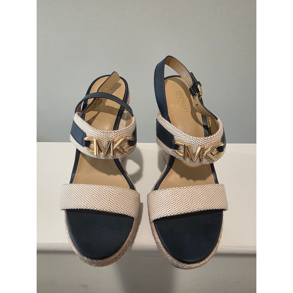Women 6 M Michael Kors Reed Wedge Sandals Navy Natural Espadrille Platform Logo - Picture 10 of 11